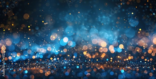 Dark Blue and Gold Particle Abstract Background, Christmas Golden Light Shine Particles Bokeh on Navy Blue Background, with Gold Foil Texture Overlay