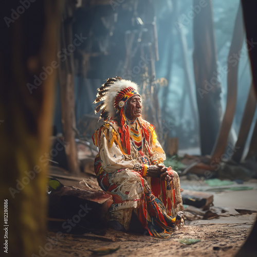 A hyperrealistic portrait of the Indian chief Sitting Bull in a headdress of eagle feathers sitting by a forest stream.