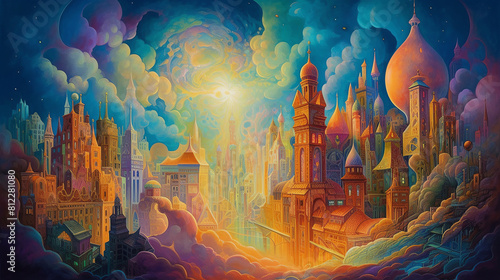 In a dreamlike realm where reality bends and twists, a surreal cityscape emerges from the depths of the imagination. Buildings defy gravity, their architecture resembling intricate sculptures carved f