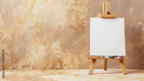 Blank canvas on wooden easel with palette textured brown background