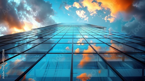 The glass windows in contemporary office towers mirror the blue sky and drifting clouds, embodying the transparency integral to business ethics