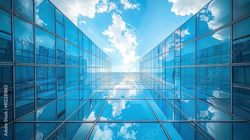 The glass windows in contemporary office towers mirror the blue sky and drifting clouds, embodying the transparency integral to business ethics