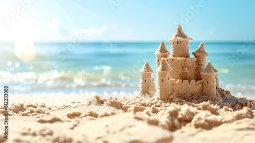 Detailed sandcastle on sunny beach with ocean in background and blue sky