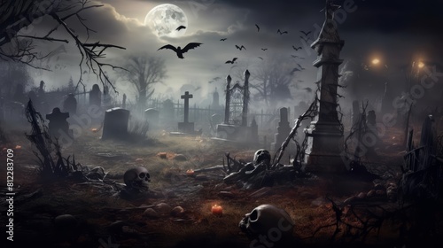 Haunting Halloween scene featuring skeletal remains and tattered tombstones in a misty graveyard