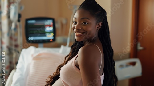 Cheerful young woman with a radiant smile poses in a hospital room, exuding positivity beside the patient bed and medical equipment, showcasing hope and happiness during recovery
