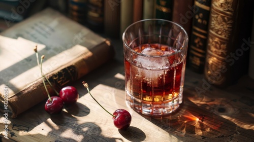 A clear glass filled with cherry liqueur sits next to an array of old books in the sunlight