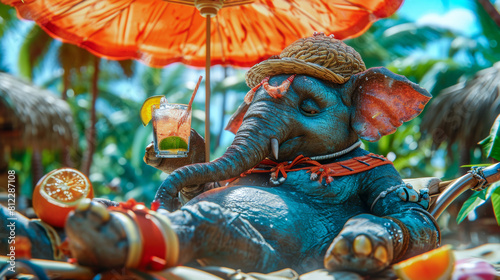 A elefant in human clothes lies on a sunbathe on the beach, on a sun lounger, under a bright sun umbrella