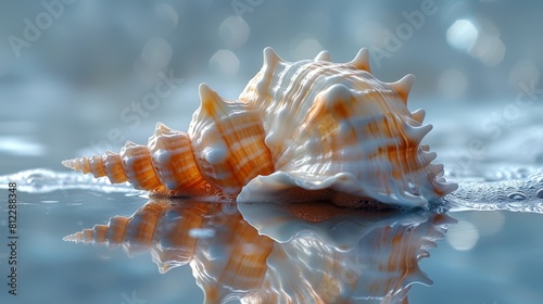 A single, mostly white, seashell laying on a light reflective surface to showcase it's beautiful nature. 