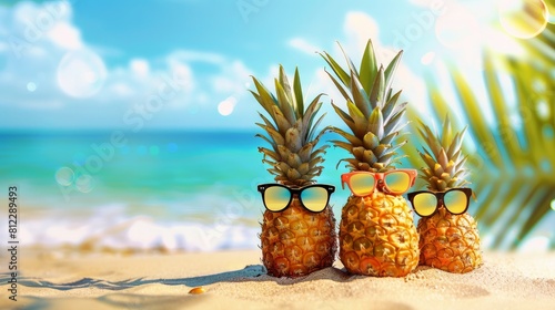 Tropical summer vacation concept: a family of humorous, appealing pineapples with stylish sunglasses on the beach against a turquoise sea