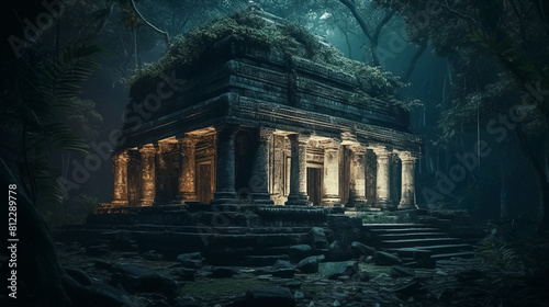 Fantasy temple in tropical forest at night, old building ruins in jungle, Surreal mystical fantasy artwork