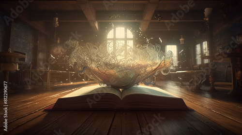 Fantasy world inside of the book. Concept of education imagination and creativity from reading books