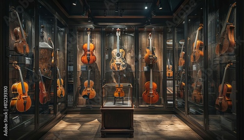 Exhibit a museum wing dedicated to vintage musical instruments, with rare guitars, pianos, and violins on display, each with its own unique story