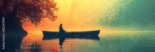 lonely person in a canoe on the lake at sunset