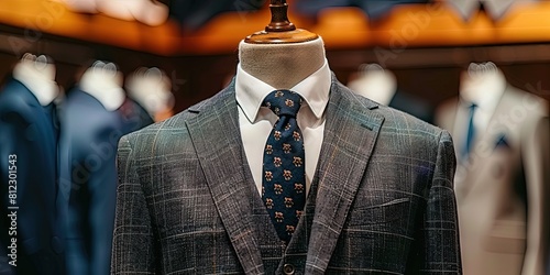 Men's suit jacket on mannequin in retail clothing store