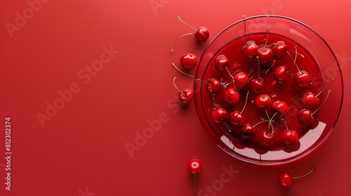 3D rendering of a red background strewn with red cherries, cherries in a glass round plate, top view, space for text on the right