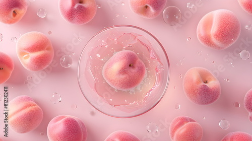 3D rendering of a pink background strewn with whole peaches, tender peaches in a glass round plate as if in ice, with bubbles and drops of water, abstract image