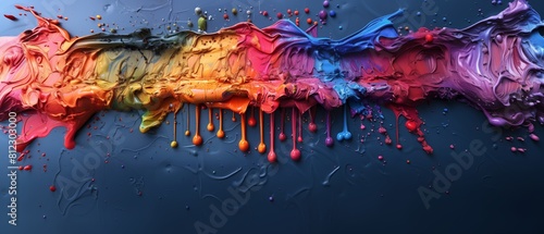 Wall with vibrant rainbow paint dripping vertically in a smooth gradient