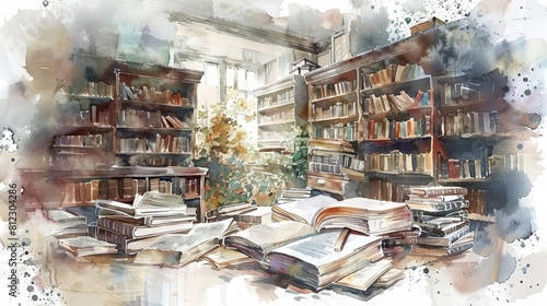 A beautiful watercolor of an old library with books strewn about, evoking a sense of nostalgia, isolated with a white background