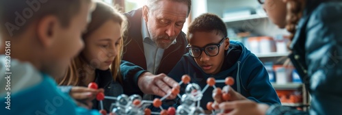 Older male teacher using a molecular model to explain science to young students