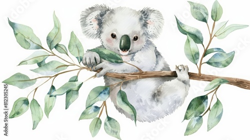 A kawaii watercolor of a cuddly koala, clinging to a eucalyptus branch, isolated with a white background