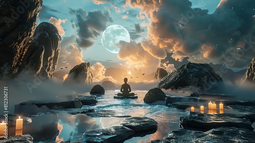 Dynamic composition featuring a person meditating surrounded by symbolic representations of the five elements: rocks, flowing water, candles, breezy air, and open sky.