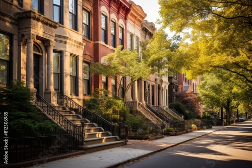 Picturesque Line of Traditional Brownstone Homes Basking in the Warm Afternoon Sunlight