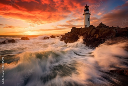 The First Light of Dawn Illuminating a Grand Lighthouse on a Rocky Coastline