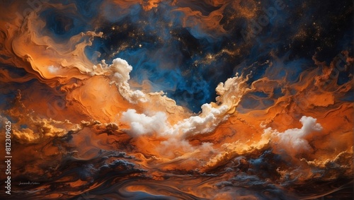 Ethereal Horizons: Abstract Orange and Blue Cloudscape Painting