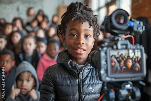A young boy is being interviewed by a camera crew while a crowd of people watch in the background.