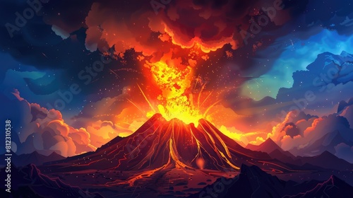 Volcanic Activity With Dynamic Volcano Eruption, Molten Lava And Billowing Smoke, Geological Theme