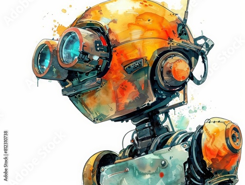 This Kawaii creative futuristic charismatic watercolor painting imagines an ultramodern humanoid robot