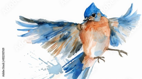 This pretty watercolor painting of a baby bluebird learning to fly is truly engaging, Clipart minimal watercolor isolated on white background
