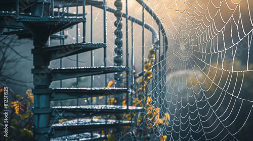 Creative double exposure merging a spiral staircase with the delicate design of a dewy spider web.