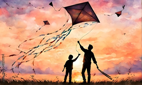 Greeting card design for Father's Day wishes and celebration, watercolor illustration of father and son flying a kite. Generative AI