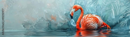 A flamingo with a plastic bag stuck over its head, wading through shallow water, depicting the tragic impact of plastic pollution