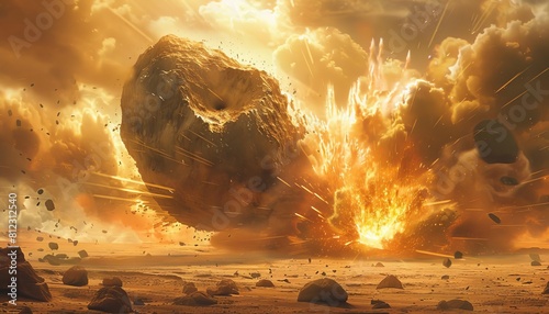 Illustrate a meteorite impacting a desolate landscape, creating a massive explosion and cloud of dust upon collision