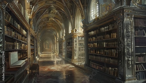Illustrate a secretive monastery library where the Holy Grail is hidden among ancient texts, guarded by monks