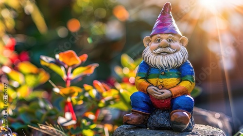 Garden gnome figurine in sunlight with colorful plants backdrop