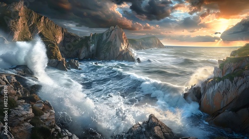 A picturesque coastal view with waves crashing against rocky cliffs under a dramatic sky.