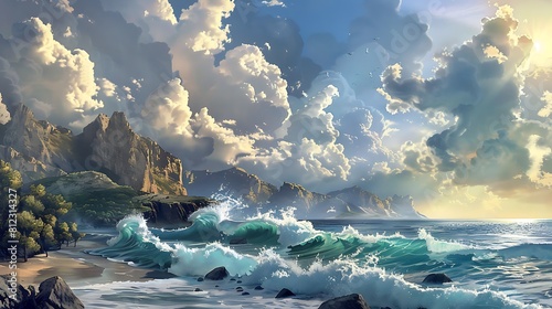 A picturesque coastal view with waves crashing against rocky cliffs under a dramatic sky.