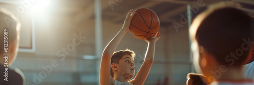 The pivotal sports moment where a young boy is focused on scoring a basket during a basketball game at sunset
