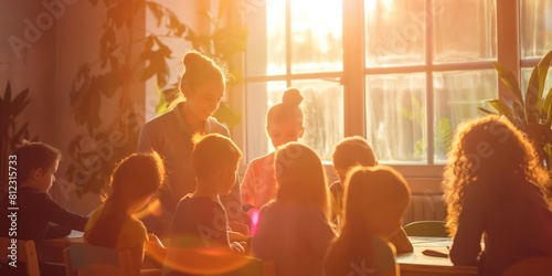 Sunlight fills a classroom where a group of children engage in learning activities with their teacher