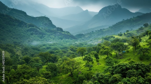 Capture a stunning landscape photograph showcasing the lush greenery of the majestic Western Ghats in Karnataka