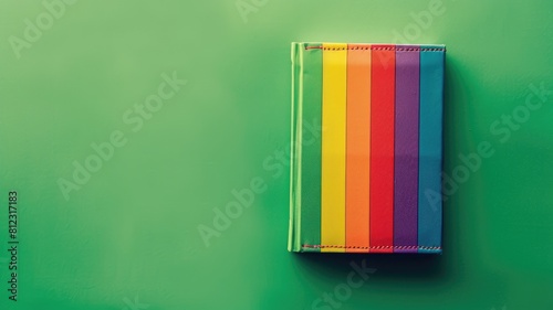 Rainbow-colored notebook against green background