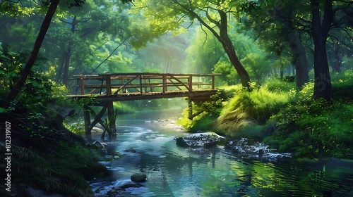 A tranquil forest scene with a wooden footbridge crossing a meandering stream, surrounded by vibrant greenery, a serene nature background.