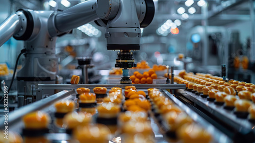 Industrial robotic arm sorting and handling food products on a production line, showcasing modern automation technology in food manufacturing.