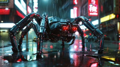 Cyberpunk monster Spider Robot standing on rainy night city background in digital illustration.
