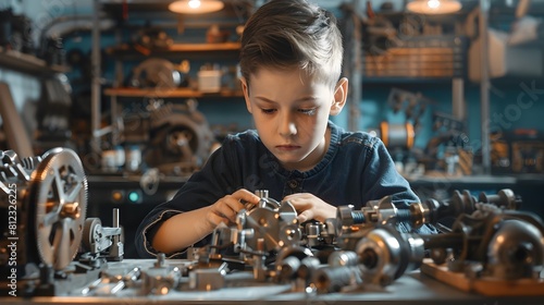Talented Young Inventor Tinkering with Intricate Mechanical Device in Industrial Workshop