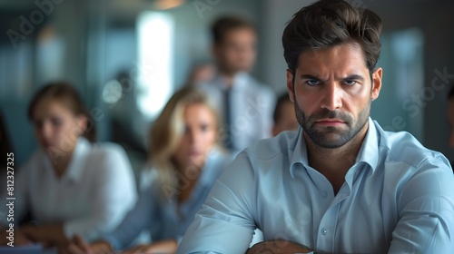 Uneasy Corporate Executive Fidgeting During Tense Office Meeting With Colleagues