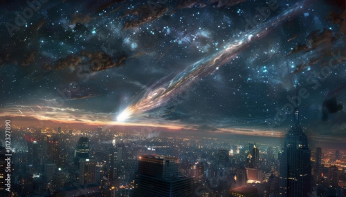 Imagine a city skyline with a large, bright comet visible above, its presence aweinspiring to the onlookers below